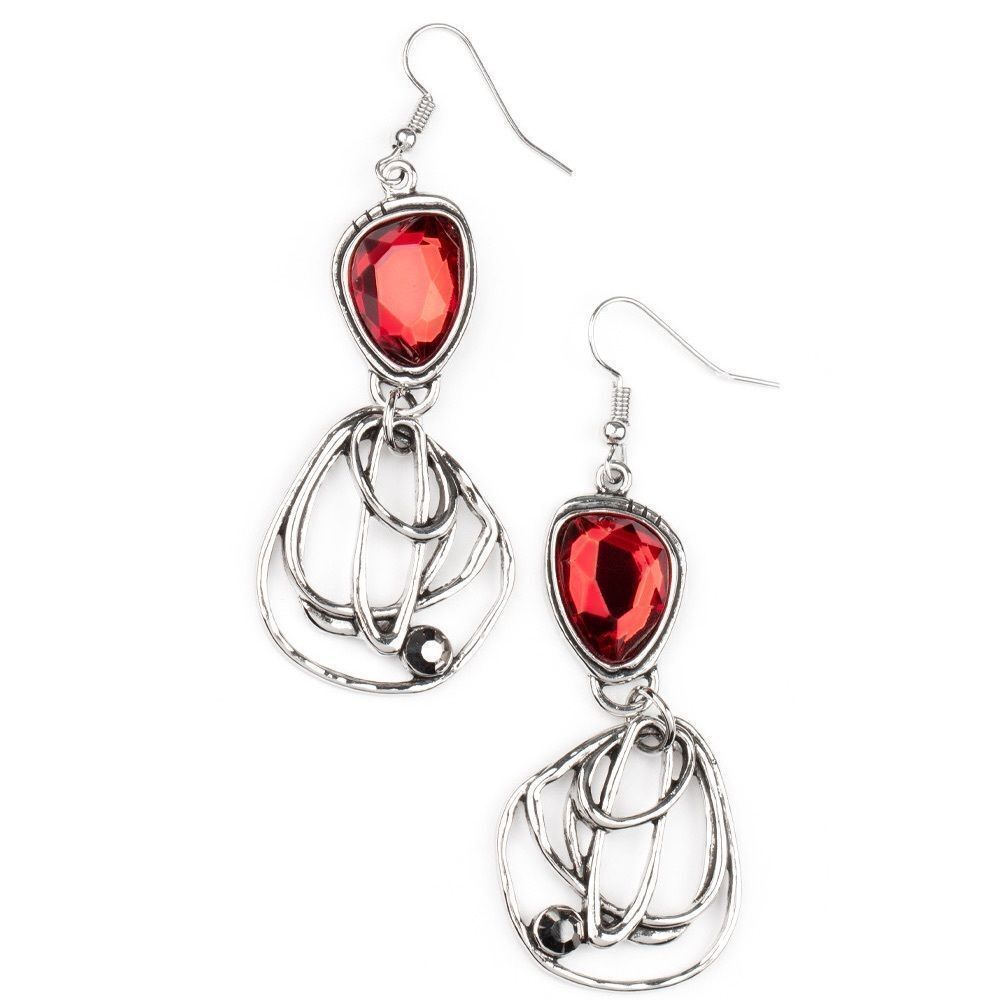Dark silver color earring with red ruby rhinestone - Picture 2 of 2